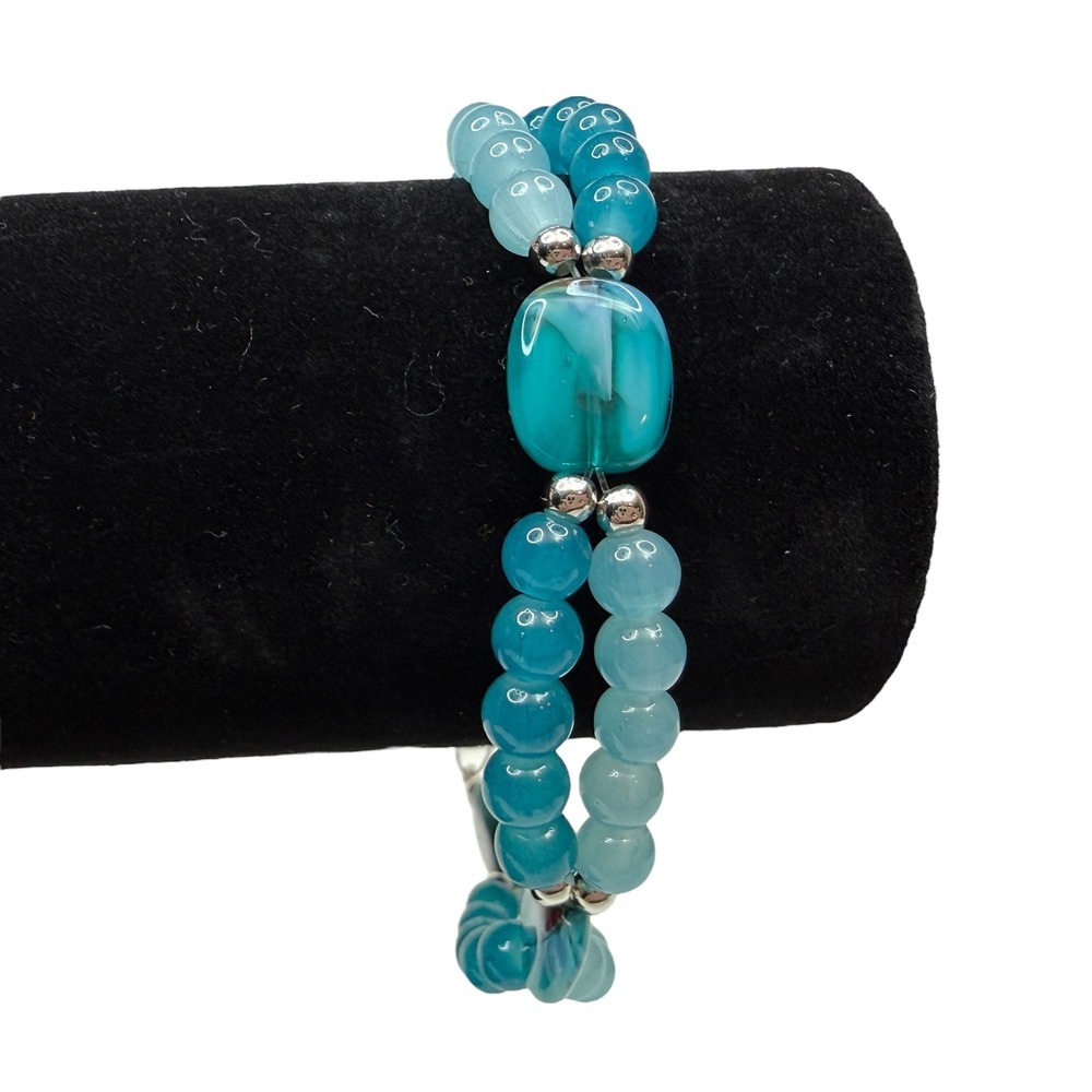 Double Strand Aqua Blue Stone Ombre Glass Bead Bracelet Silver Accents Wrist 8.5